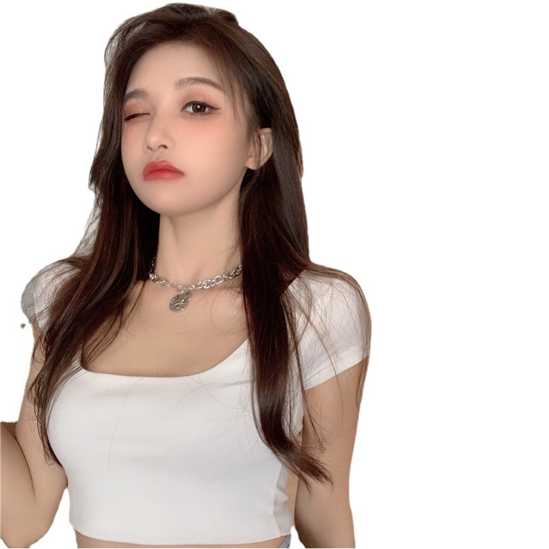 Square Neck Short-Sleeved T-Shirt for Women 2025 Summer New Korean Style Slim Sexy Navel-Baring Women's Tops Women's Wholesale
