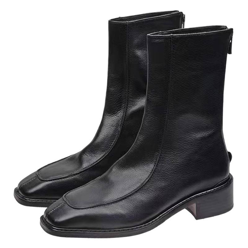 South Korea niche square toe fashionable boots square toe chunky heel thin boots back zipper retro low heel mid-calf ankle boots Martin boots for women
