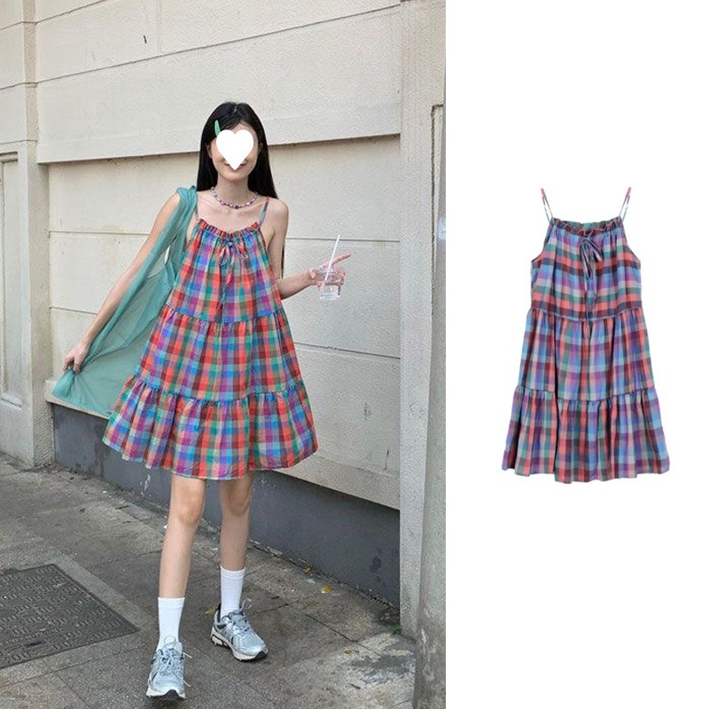Dopamine Wear Plaid Sling Dress Women's Summer Wood-ear Stitching Short Skirt