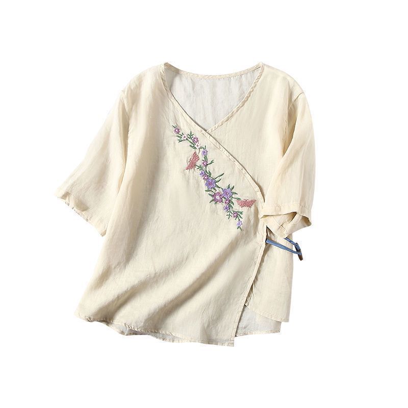 Picture of Thin Cotton and Linen Tops for Women, Ethnic Style Retro Olive Wood Button Slanted Placket Embroidered Loose Quarter-Sleeve Pullover Shirt
