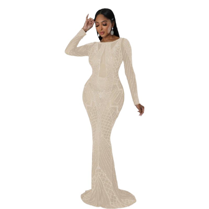 AliExpress 2023 European and American Foreign Trade Amazon round neck hollow-out sheath rhinestone backless sexy evening dress dress