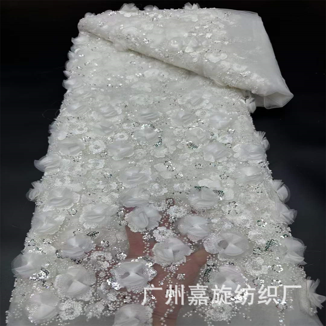 Chiffon Flower Stereo Flower Bead Tube Embroidery Mesh Lace Fabric Sequin Beads Embroidered Fairy Dress Wedding Dress Fabric