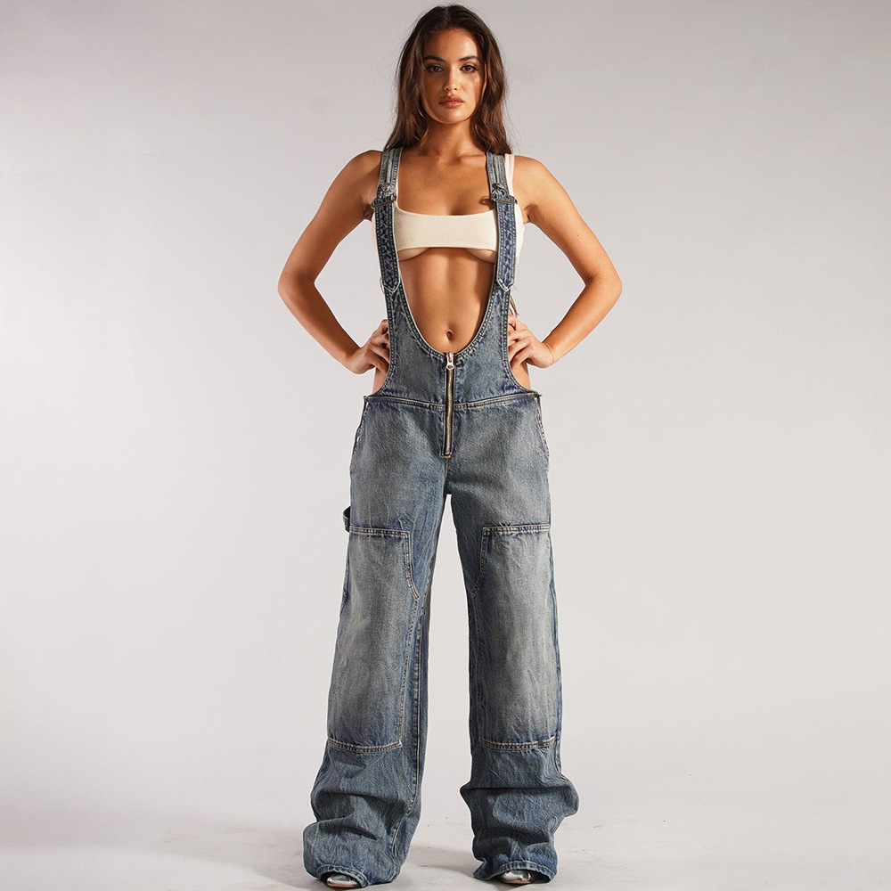 Picture of Women's Denim Jumpsuit Amazon Cross-Border Women's Street Multi-Pocket Overalls Loose Waist Straight Pants