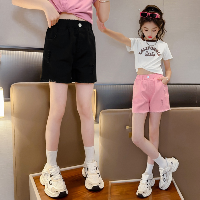 Girls Shorts 2025 Summer Fashionable Ripped Hot Pants for Big Children Manufacturer Wholesale 6-16 Years Old Outerwear Trendy Children's Pants