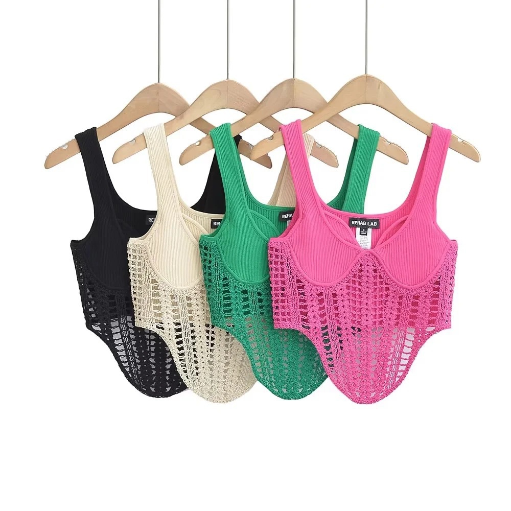 2023 Summer New Sexy Pure Desire Knitted Camisole Top Niche Design Solid Color Hollow Crochet Vest