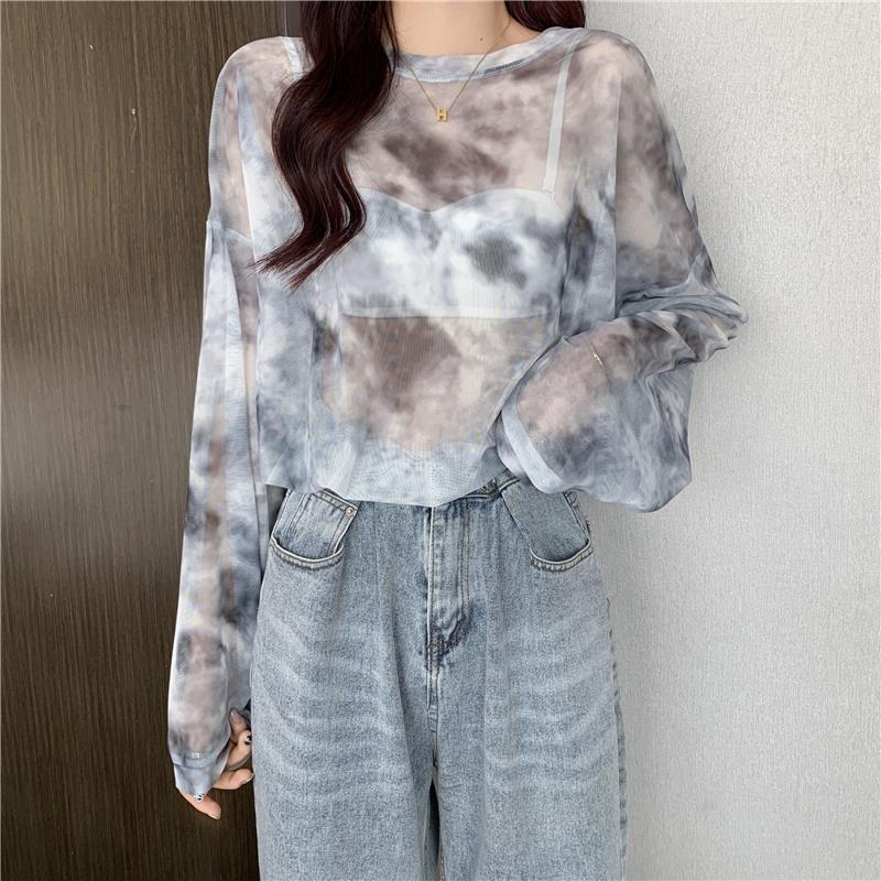 Sun Protection Cover Summer Women's Tie-Dye Long-Sleeved T-Shirt Loose Sun Protection Clothing Design Sense Niche Blouse Base Top