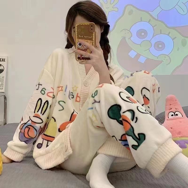 Paidaxing warm suit flannel pajamas thickened cardigan loose cartoon suit can be worn outside autumn and winter