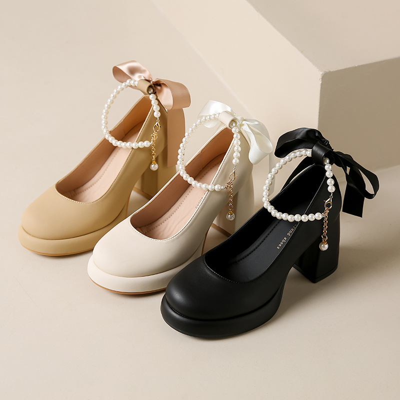 Real Soft Leather Shoes, Elegant Thick Heel Bow High Heels, Women's 2025 New Sweet Retro French Mary Jane Shoes