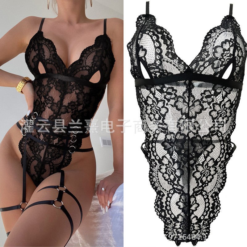 2023 New European and American Popular Sexy Bodysuit with Straps, Lace Temptation, See-Through Sexy Lingerie for Women