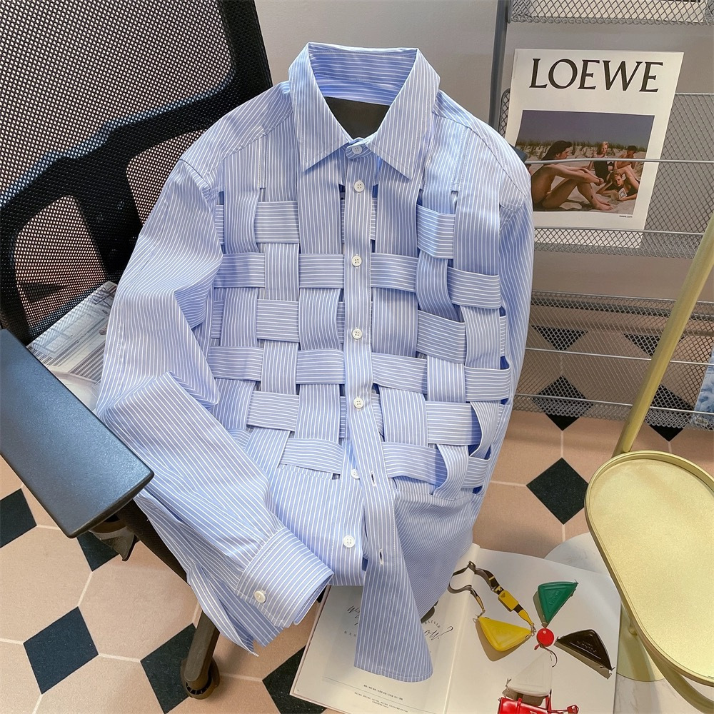 Design Niche Woven Cut Out Plaid Stripesd Shirt Women's Spring & Fall High-End Chic Hong Kong Style Retro Long-Sleeved Top