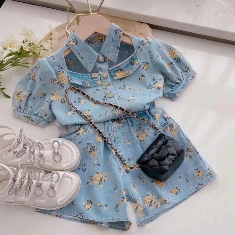 77129 in stock Summer Korean Style Children's Suit Trendy Printed Cotton Shorts Short Sleeve Pants Suit Children's Wear