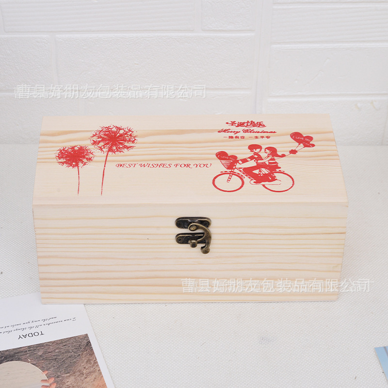 Picture of Ping An fruit wooden box Christmas gift box carving universal pine storage box solid wood box simple flip with lock