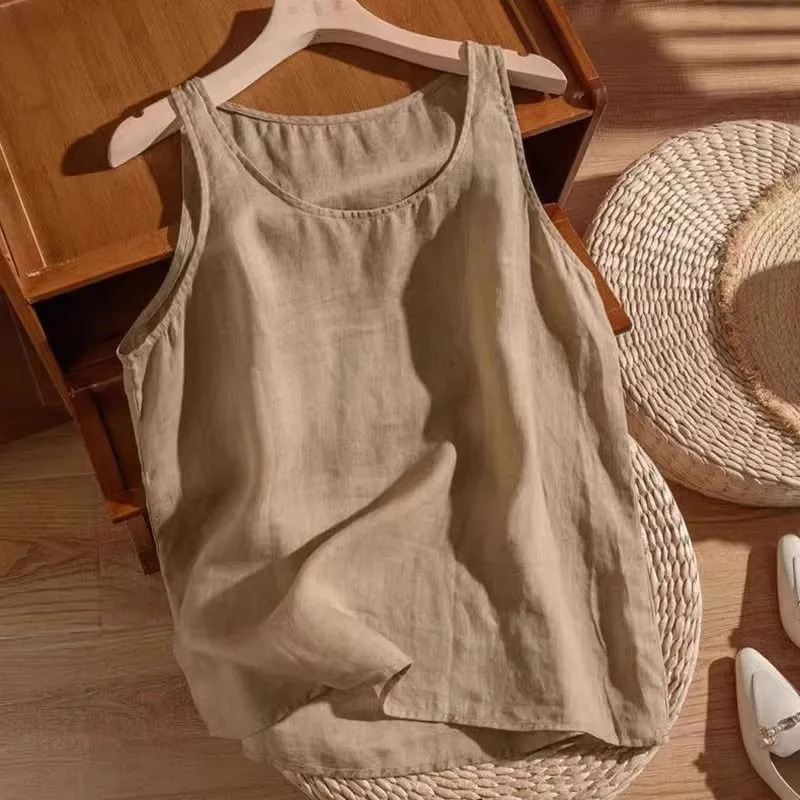 Cross-border Cotton and Linen Camisole Summer New Outfit Loose plus size Casual Fashion Elegant Sleeveless Base T-shirt
