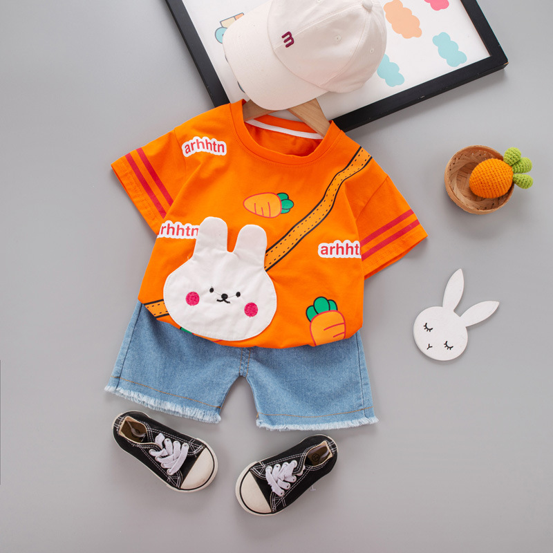 Boys and girls baby summer round neck short sleeve suit 2024 new children's cartoon thin cute two-piece suit summer fashion