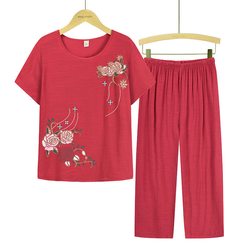 Picture of Middle-aged and elderly women's summer two-piece mother's 70-year-old grandmother's short-sleeved T-shirt jacket set Old Lady's pajamas