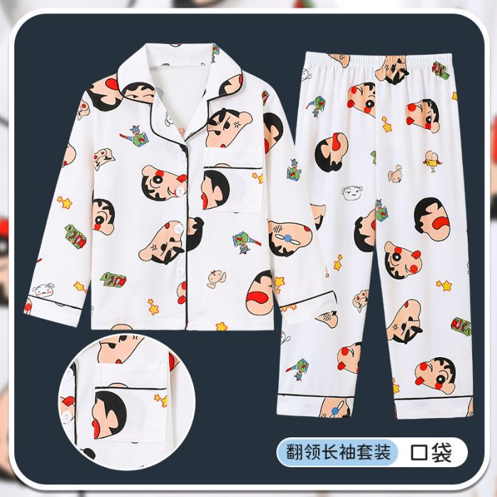 Picture of Children's Pajamas Spring and Autumn Cute Cartoon Boys and Girls Lapel Cardigan Long Sleeve Trousers Children's Home Clothes