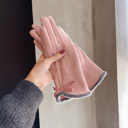 Picture of Gloves Women's Winter Korean-style Cute Bow Fleece-lined Thickened Warm Touch Screen Riding Driving Cold-proof Gloves
