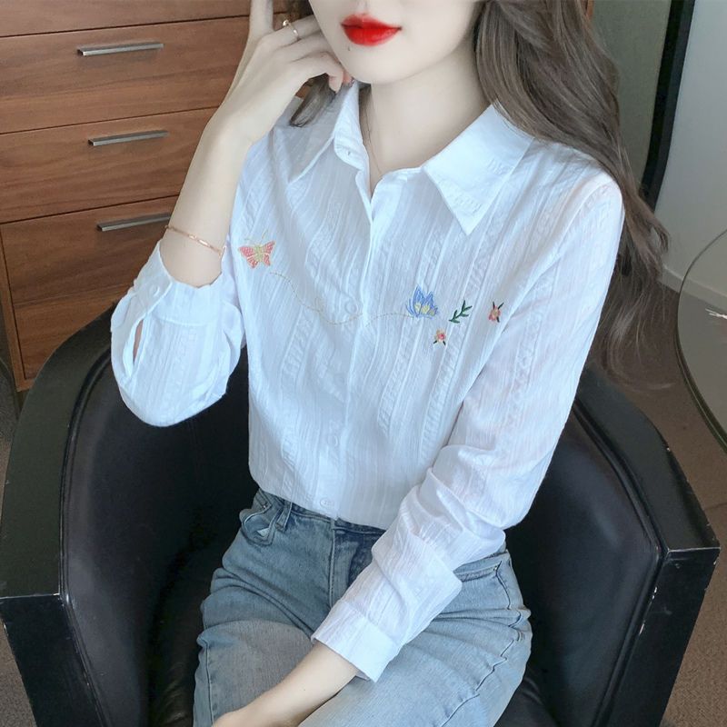 Spring and Autumn 2025 New Women's Fashion White Shirt Pure Cotton Shirt Women's Fashionable Cotton Embroidered Long Sleeve Top