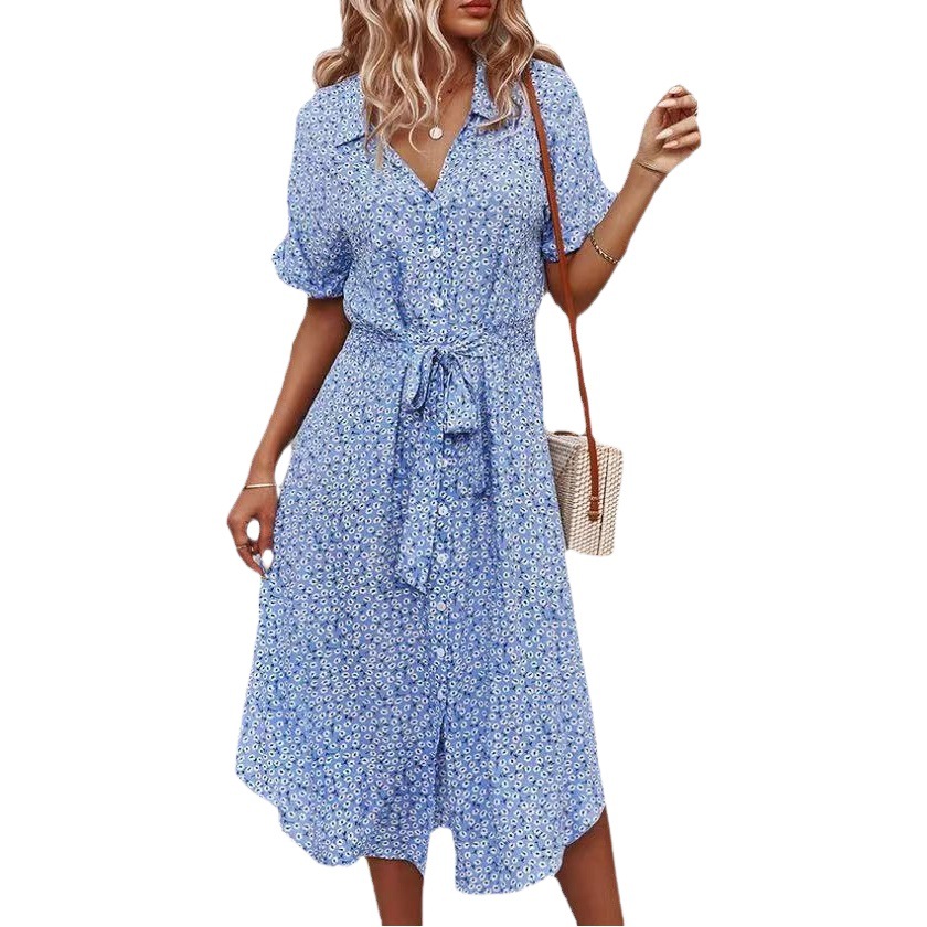 Platform cross-border European and American popular Bohemian women's clothing summer new floral lace-up button loose dress