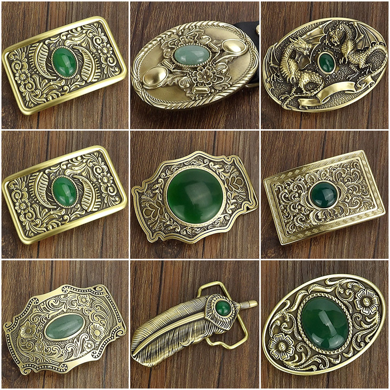 Pure copper inlaid jade plate buckle men's high-grade brass dragon playing beads leather head belt head fashion trendy men's pants head