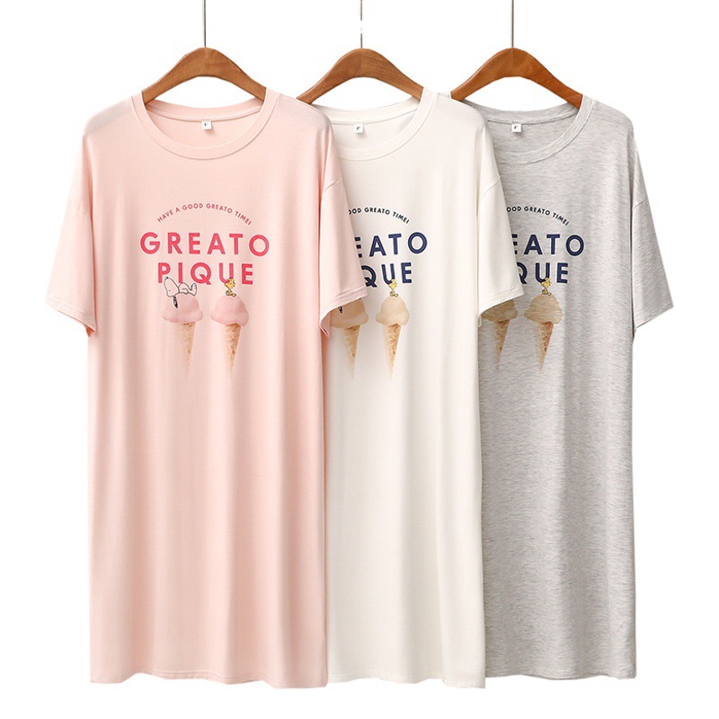 Cartoon Ice Cream Letter Modal Nightgown Women's Summer Thin Round Neck Mid-Length Cute Dress