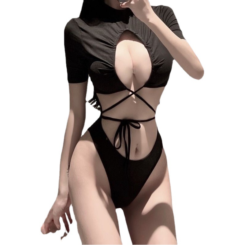 Slim-Fit Slim Base Shirt Top Sexy Spice Girl Hollow Out-of-Chest Strap Short-Sleeved Jumpsuit 2023 Summer Cross-Border