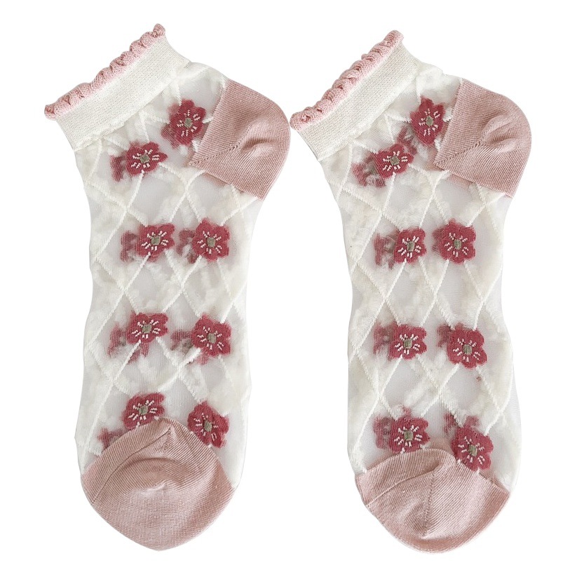 Crystal Socks Women's Silk Glass Tulip Summer Thin Pink Short Socks Cute Lace Transparent Silk Boat Socks