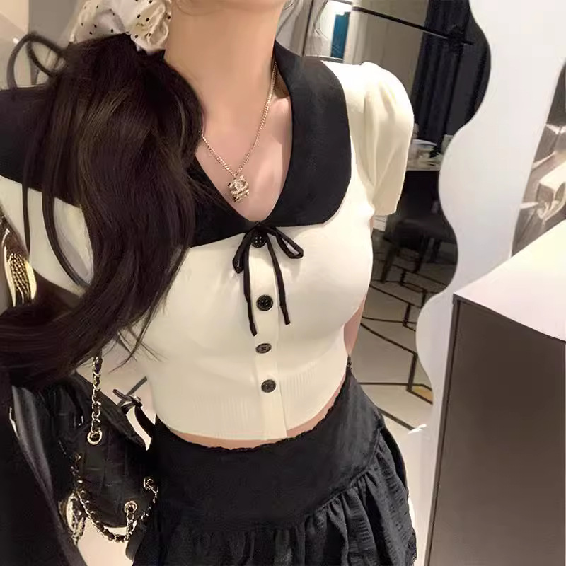2024 Pure Desire Sweet Girl Doll Collar Puff Sleeve Sweater Women's Summer Short Slim-fit Short-sleeved Top