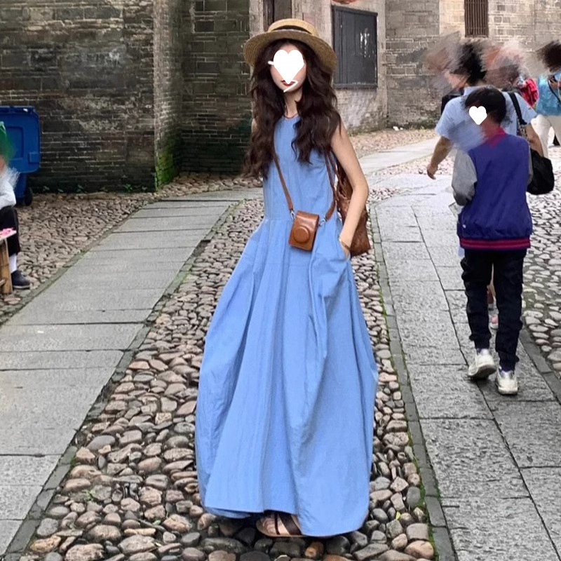 Original Style + Zipper] Korean Style Round Neck Large Skirt Vest Dress Loose Design Elegant Sleeveless Dress