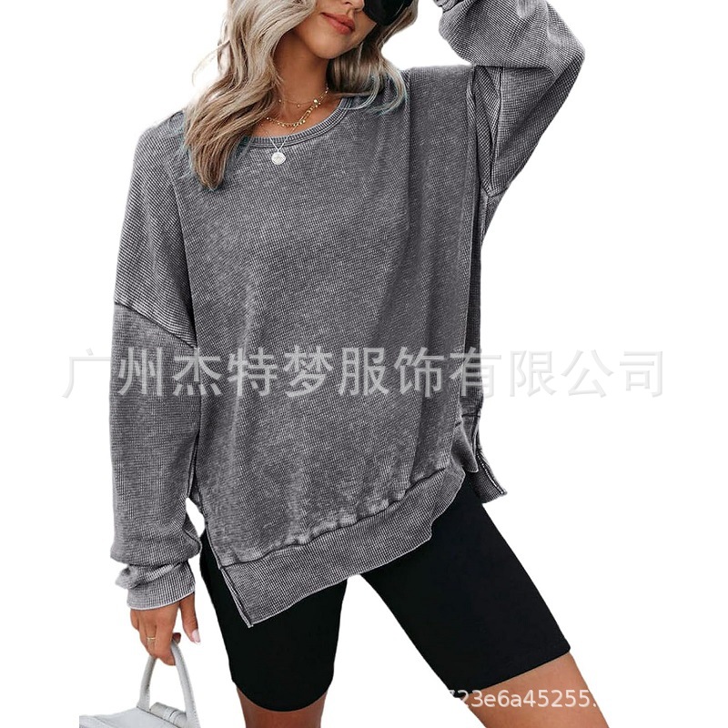 Picture of 2025 European and American Cross-Border Women's Clothing Amazon Autum New Round Neck Long-Sleeved Side Slit Waffle Sweatshirt T-Shirt for Women