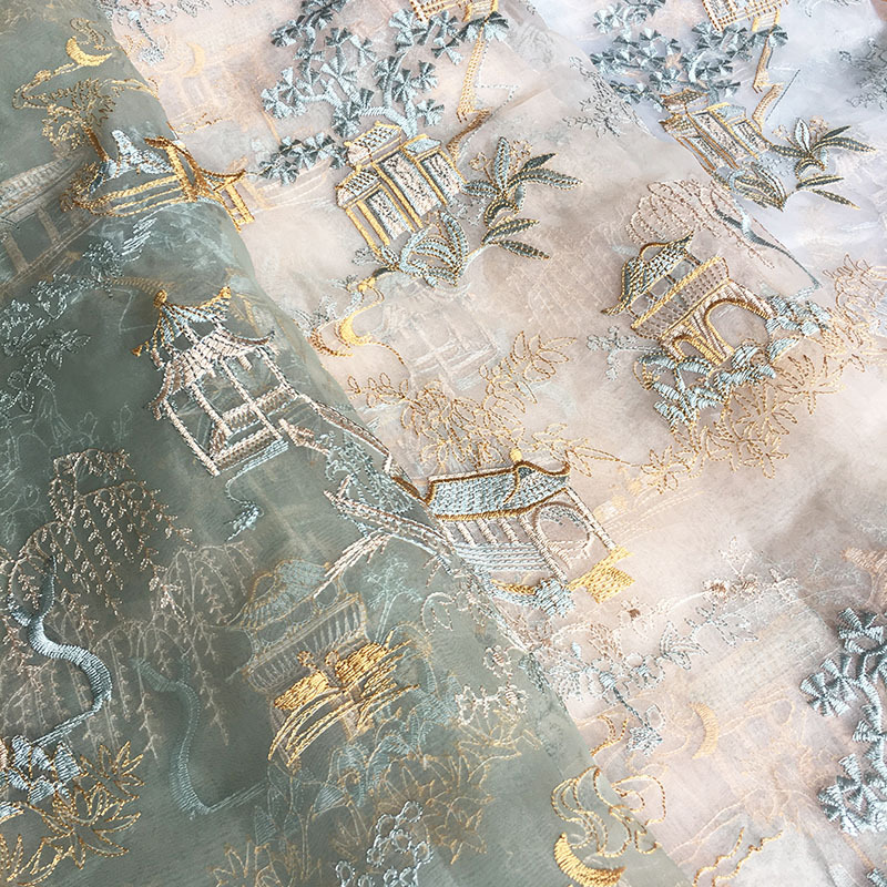 New Guofeng Pavilion Antique Embroidery Pavilion New Chinese Style Organza Embroidery Summer Sunscreen Top Fabric