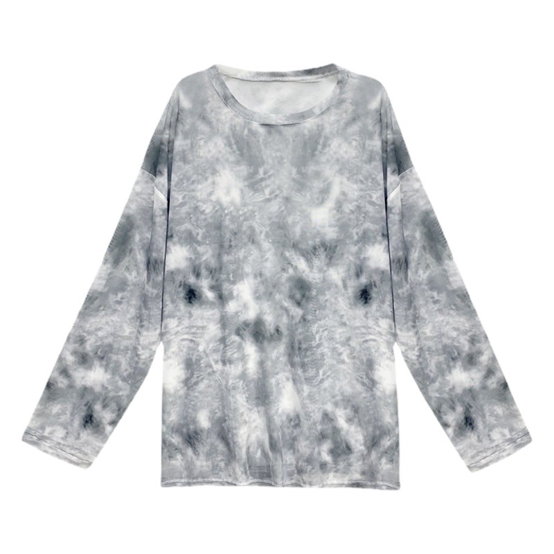Tie-dyed mesh sun protection clothing women's see-through loose long-sleeved T-shirt women's loose plus size top ins foreign trade women's clothing wholesale