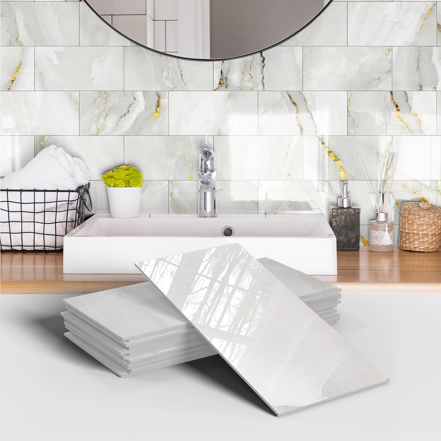 Picture of Crystal Marble Tile Wall Stickers Thickened PET Waterproof Self-adhesive Wallpaper for Kitchen Living Room Wall Decoration Cross Border