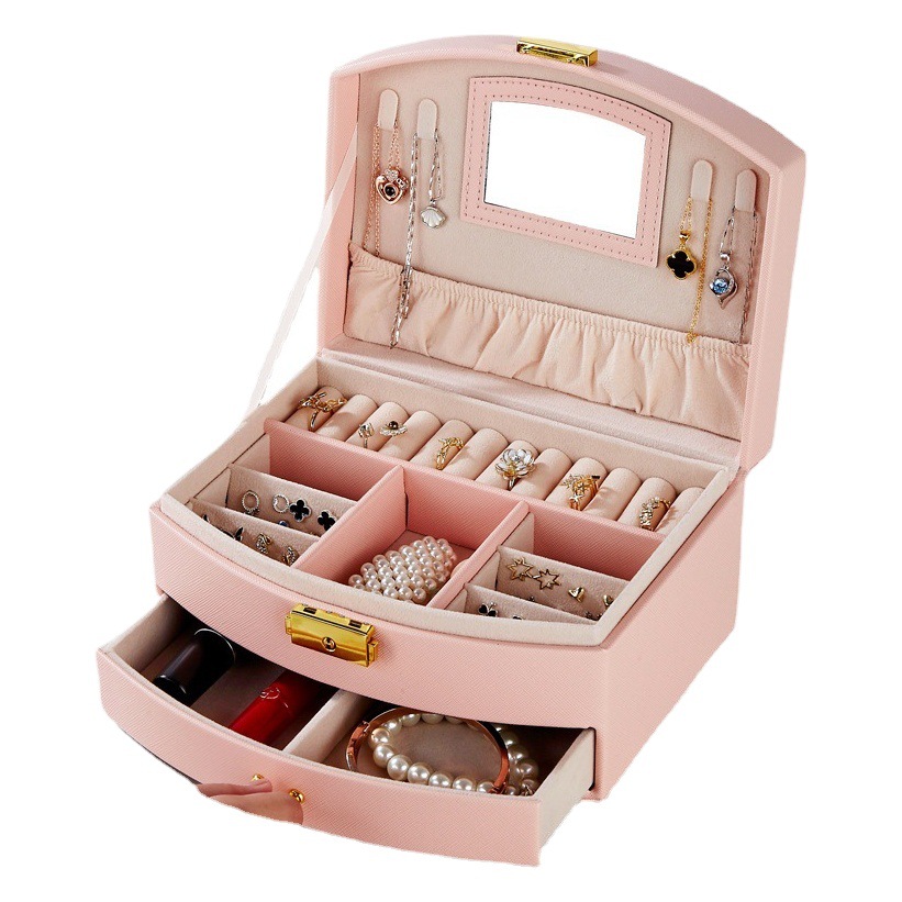 Jewelry Box Princess European-Style Double-Layer Drawer with Lock Portable Earring Stud Necklace Ring Jewelry Storage Box