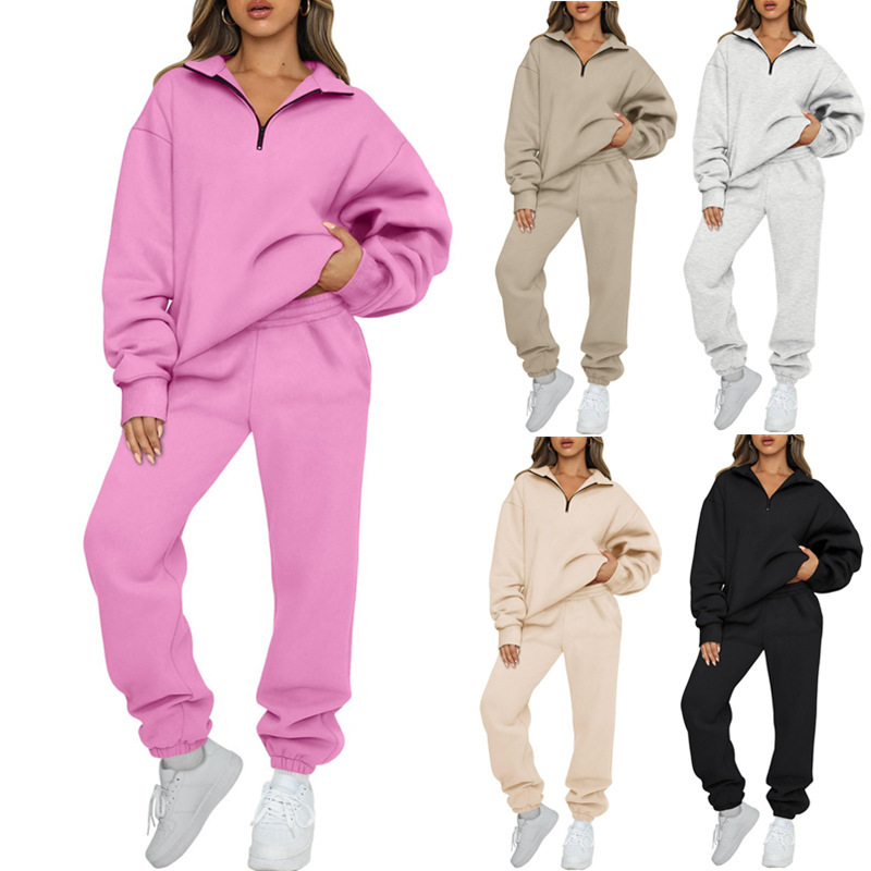 2023 New Cross-border Amazon Europe and America Hot Women's Solid Color Pocket-free Sweater Pants Sweatshirt suit