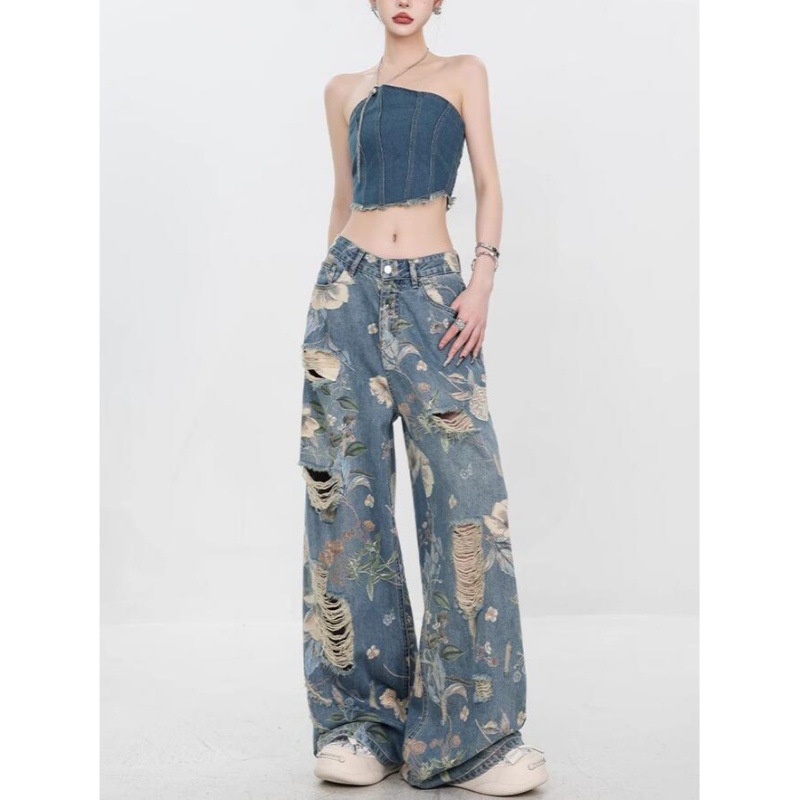 Summer New American Retro Printed Ripped Jeans for Women, Loose Straight Floor-Length Wide-Leg Pants, Slimming