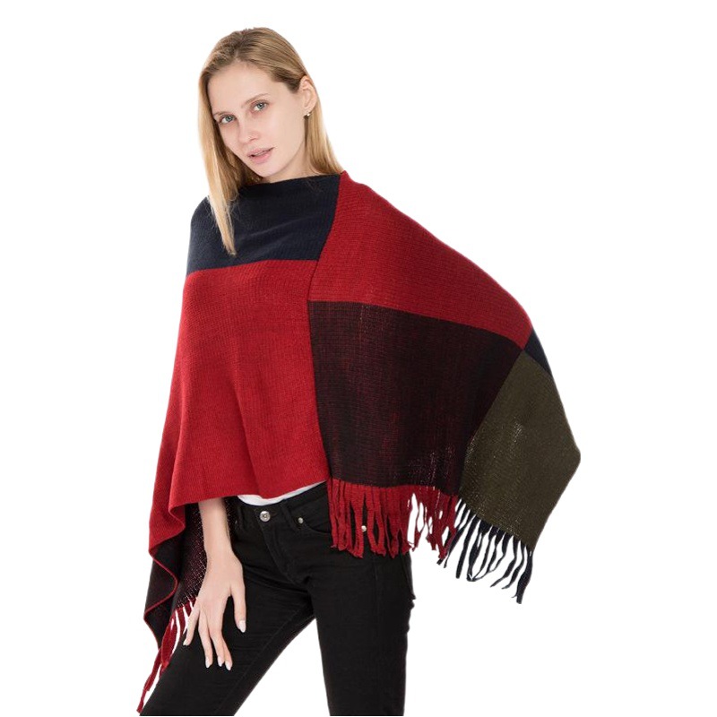 Factory wholesale large checkered color matching knitted warm shawl European and American autumn and winter new cashmere tassel pullover cape