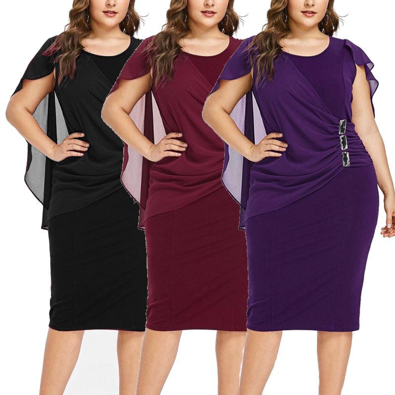 European and American Cross-border New Round Neck Short-sleeved Chiffon Shawl Tight Midi Dress Asymmetrical Over-the-knee plus size dress Women