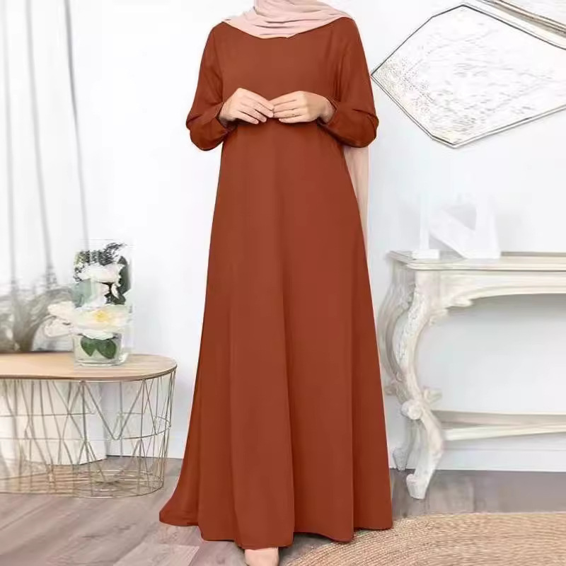 Picture of in stock New Cross-border Middle East Muslim Solid Color Loose Pullover Casual Elegant Long Sleeve Long dress Factory Batch