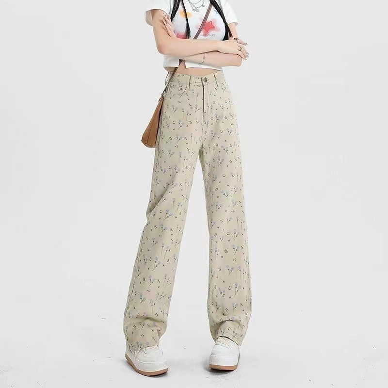Retro floral high waist jeans for women 2024 Summer new design loose slimming straight casual wide leg pants