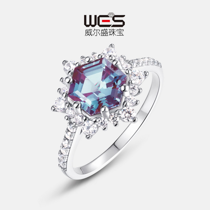 Cross-border Hot Sale Hexagonal Step Cut Alexandrite Ring S925 Silver Two-color Color Color Treasure Finger Ring for Women