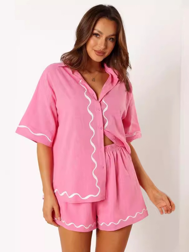 Sunshine Pink Casual Two-Piece Women's Summer High-End Suit European and American Cross-Border Amazon Short-Sleeved Pajamas Suit for Women