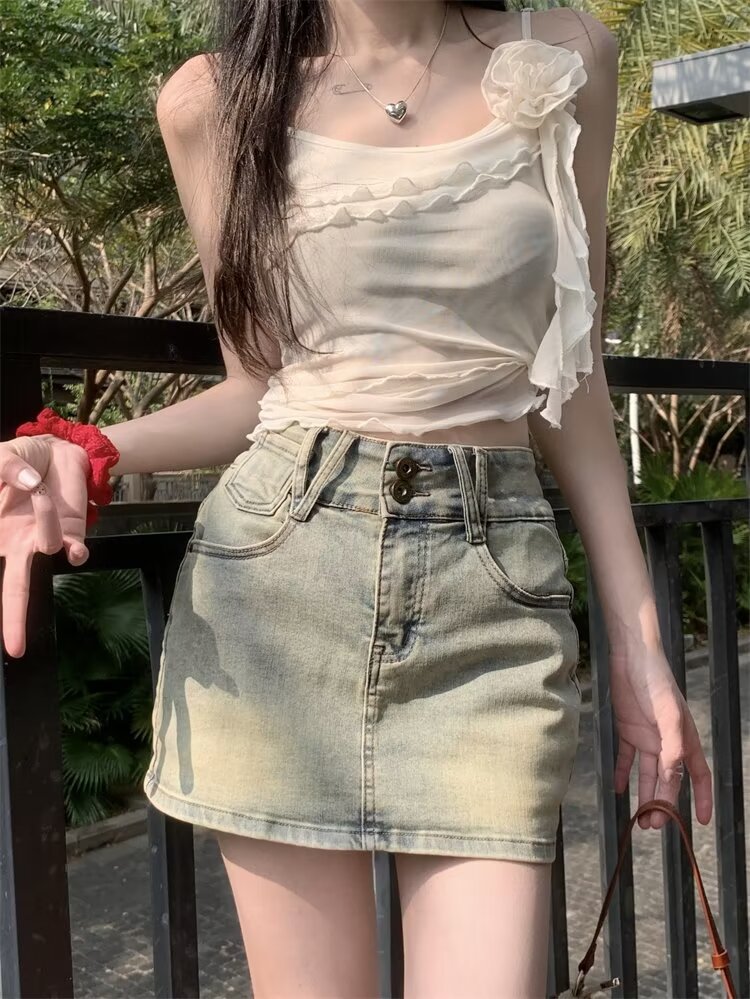 Washed Yellow Mud Denim Skirt Women's Summer Skirt Retro Hot Girl High Waist Hip Skirt Anti-glare A- line Short Skirt