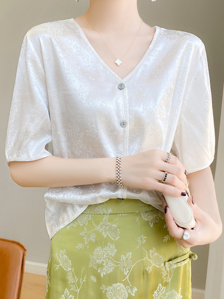 New Chinese Style All-match Simple T-shirt Women's V-neck 2024 Summer Loose plus size Short-sleeved Base Shirt Dark Flower Shirt