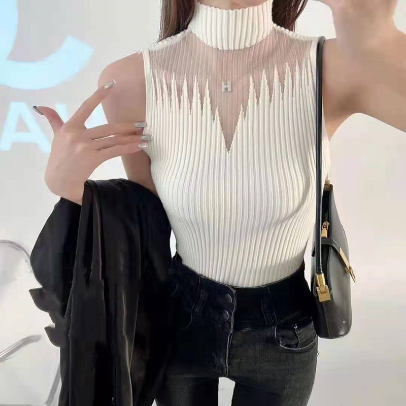 Mesh Cut Out Camisole Women's Inner Layering Shirt 2025 Spring and Summer New Half Turtleneck Sleeveless Knitted Top