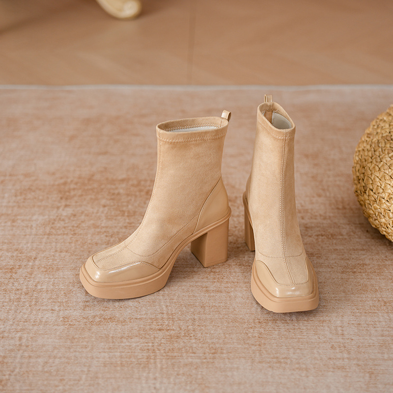Women's Short Boots 2024 Autumn and Winter New Breathable Versatile Slim Boots with Thick Heels, Slimming Elastic Boots with a High-End Suede Feel