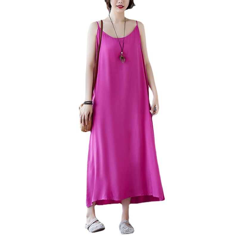 2023 Summer New Artistic Base Strap Vacation Dress Women's Retro Loose Solid Color Small Strap Dress