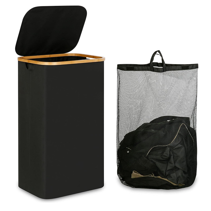 Picture of Dirty Clothes Basket Home Dirty Clothes Basket Bamboo and Wooden Handler with Lid Storage Basket Nordic Simple Bathroom Home Bamboo Cloth Laundry Basket