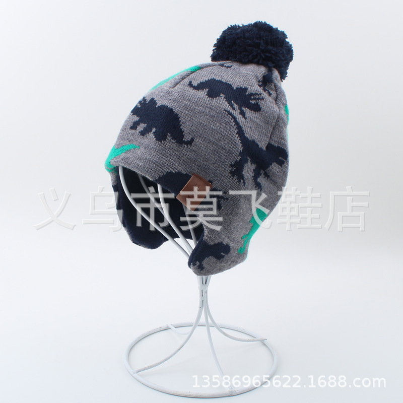 Picture of Children's Hat Autumn and Winter Boys' Ear Protection Hat Comfortable and Warm Dinosaur Pullover Cap Fleece-Lined Wool Hat for Boys and Girls