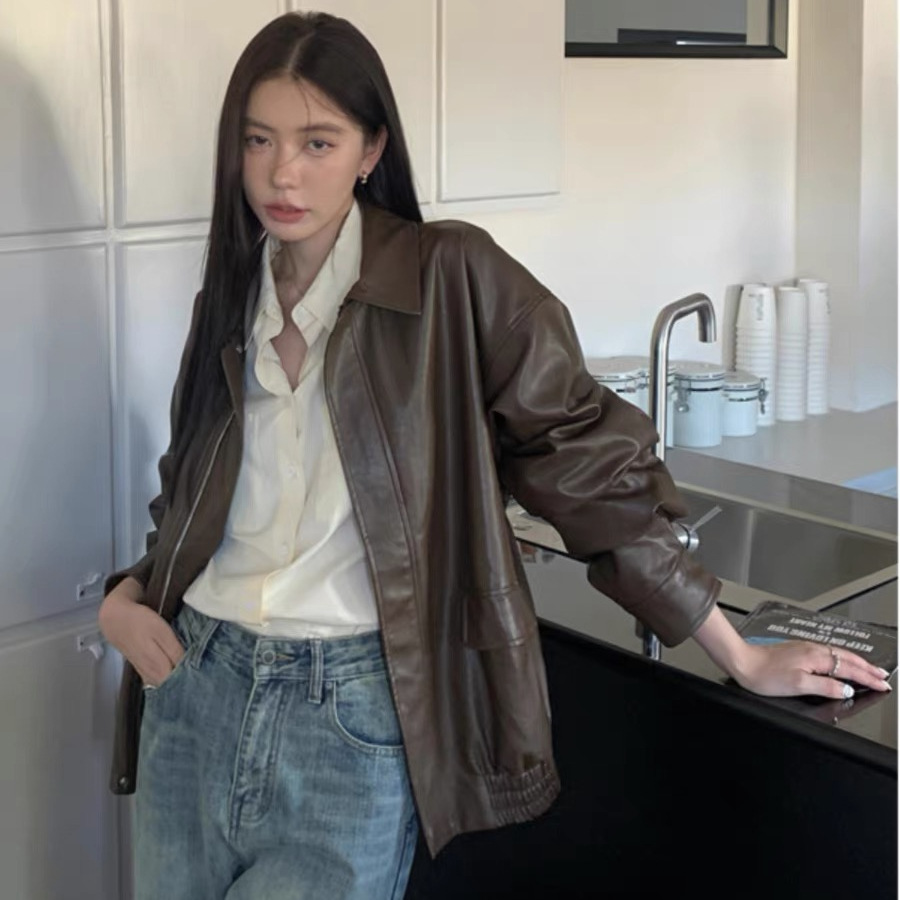 American Retro Brown Motorcycle Leather Tops Women's 2023 Autumn New Korean Style Leather Tops Top Cross-Border Wholesale